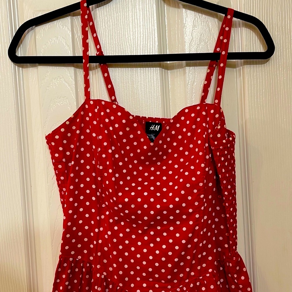 H&M red polka dot tiered ruffle corset mini dress 10